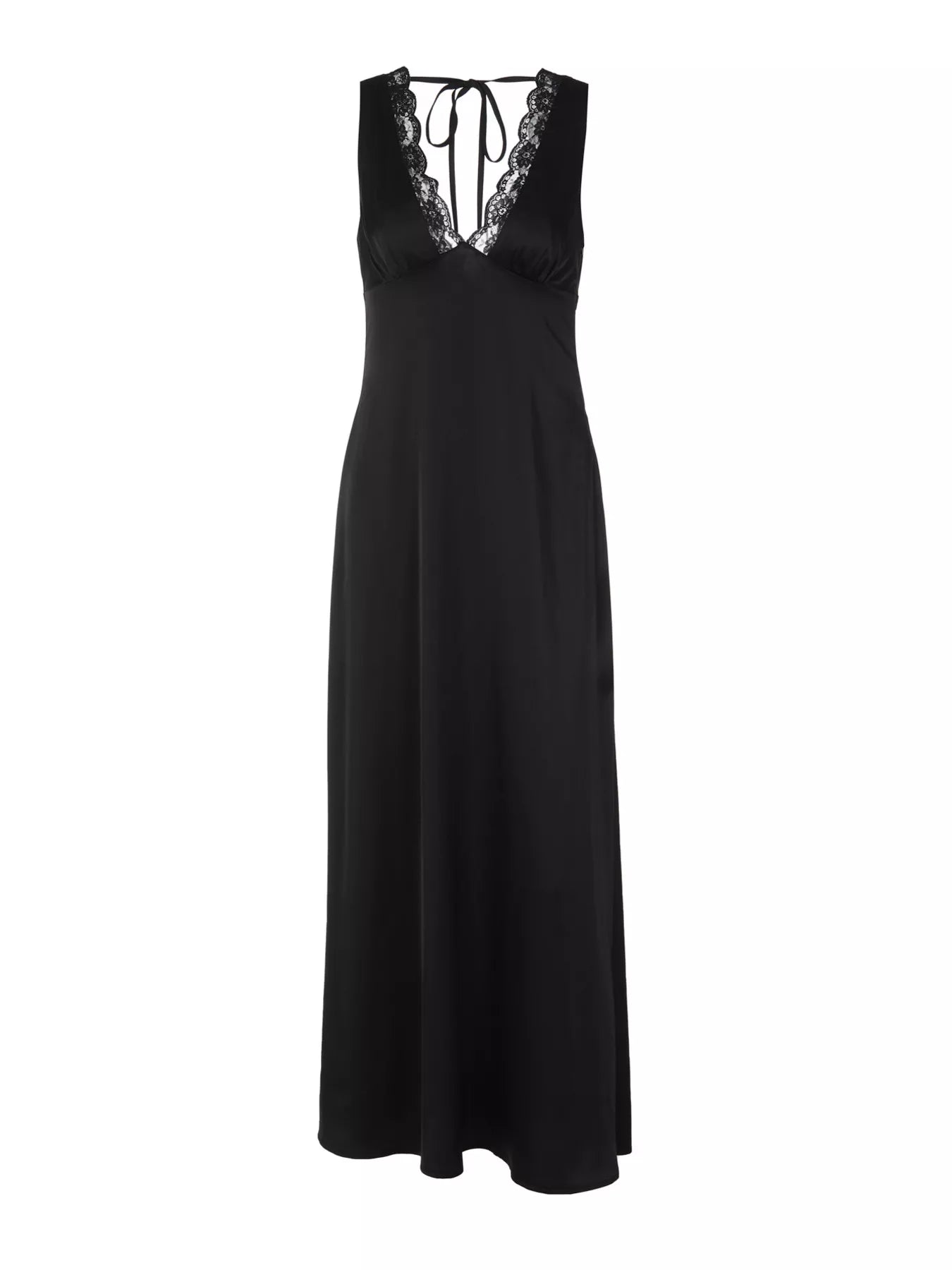 Black lace-trim V-neck sleeveless maxi dress with open lace at the neckline.