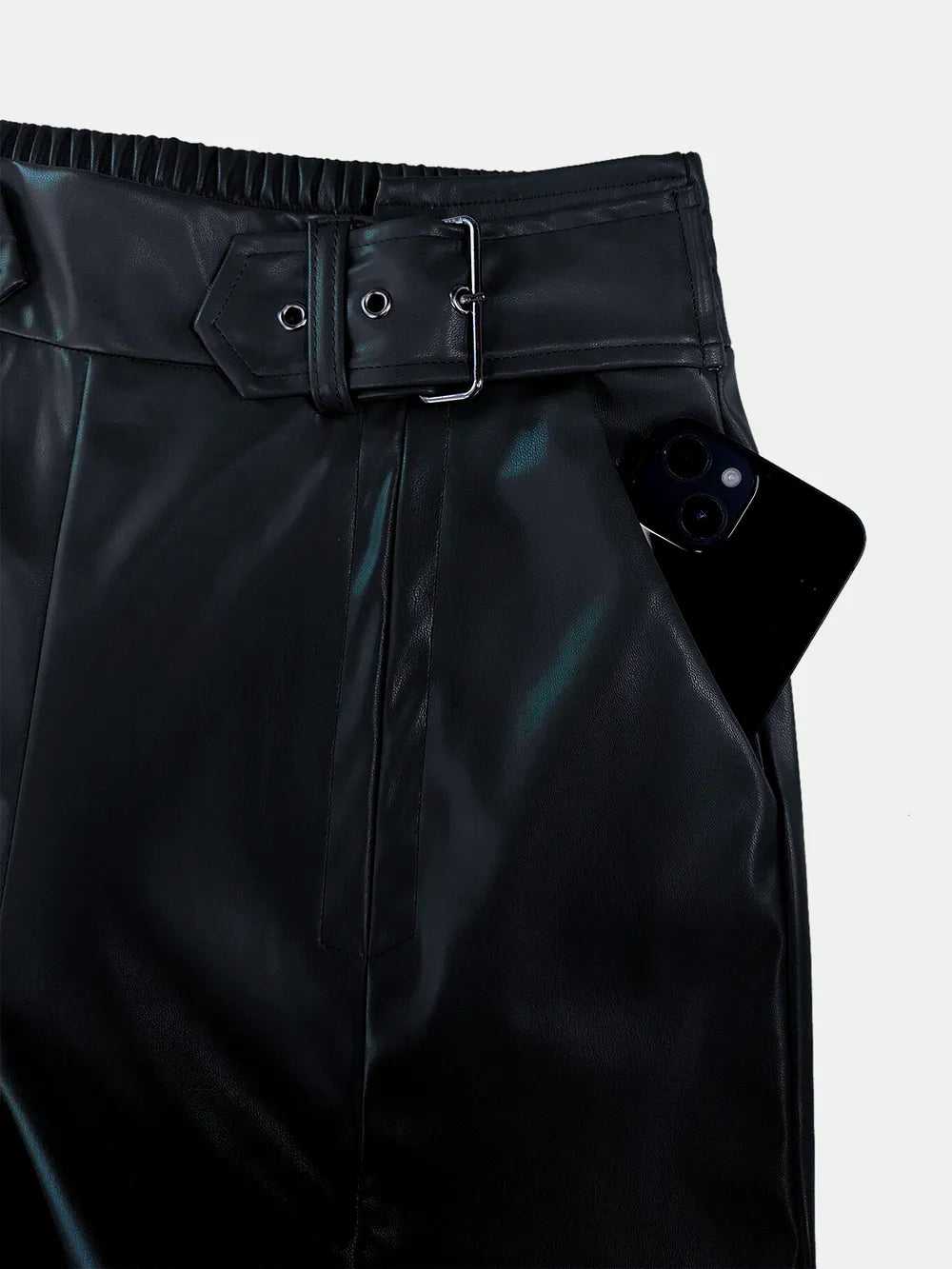 Black wide-leg pants with half elastic waist and front belt buckle detail