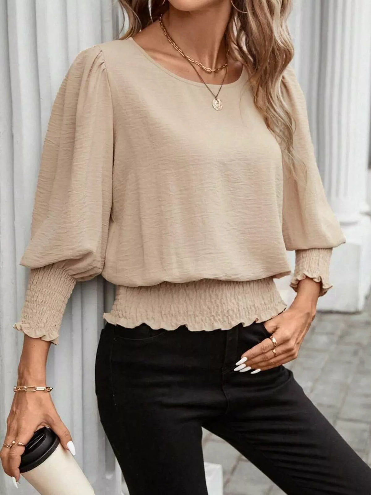 Khaki puff-sleeve smocked polyester blouse with gathered elastic hem