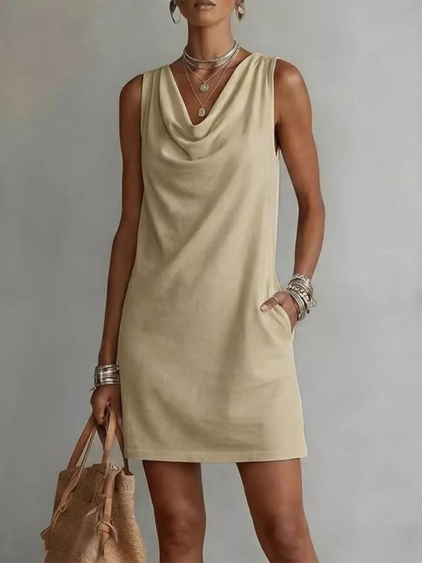 Sleeveless cowl neck mini dress, light tan, sleeveless shift silhouette