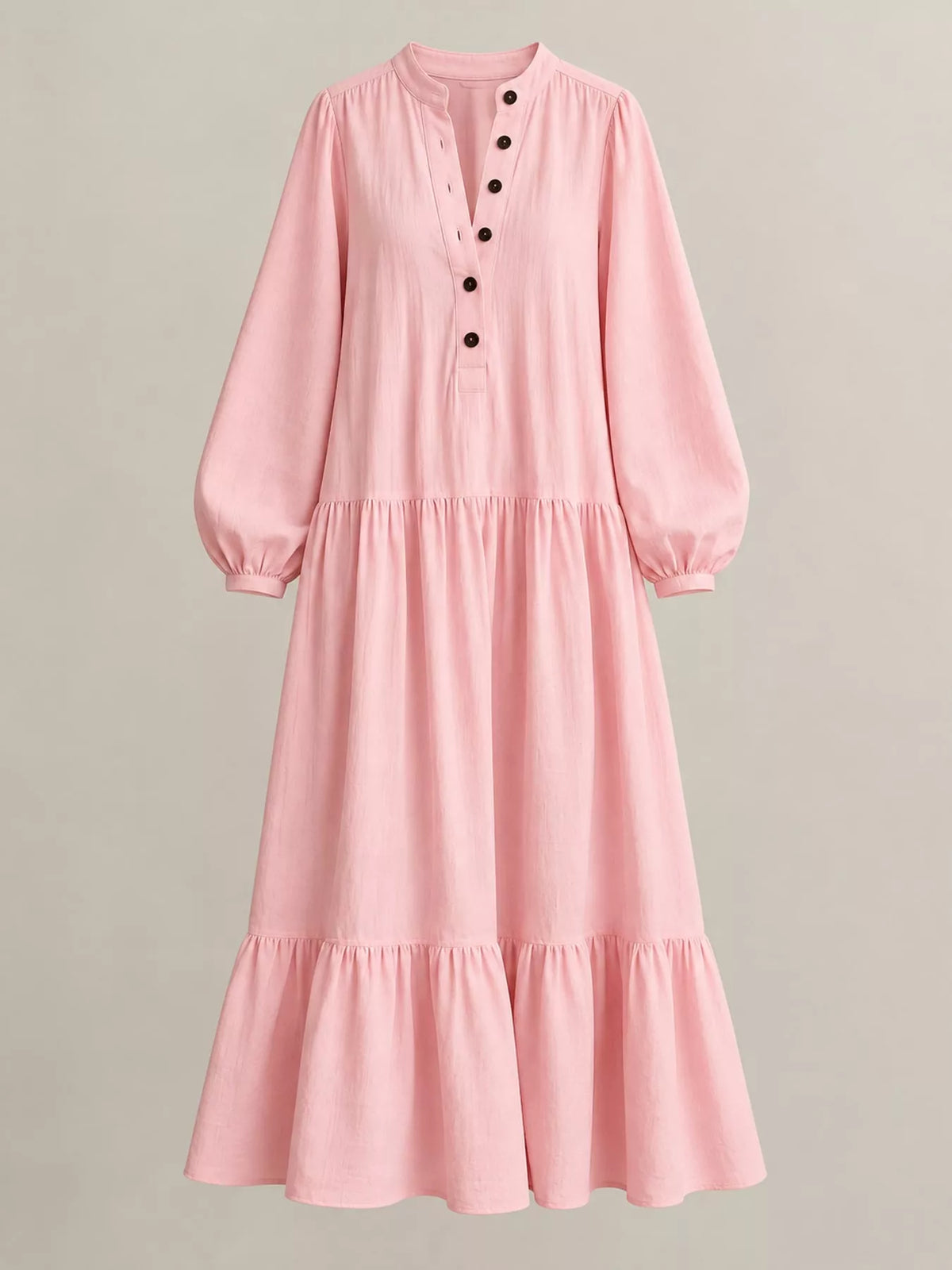 Pink tiered button-front maxi dress with long puff sleeves and round neckline