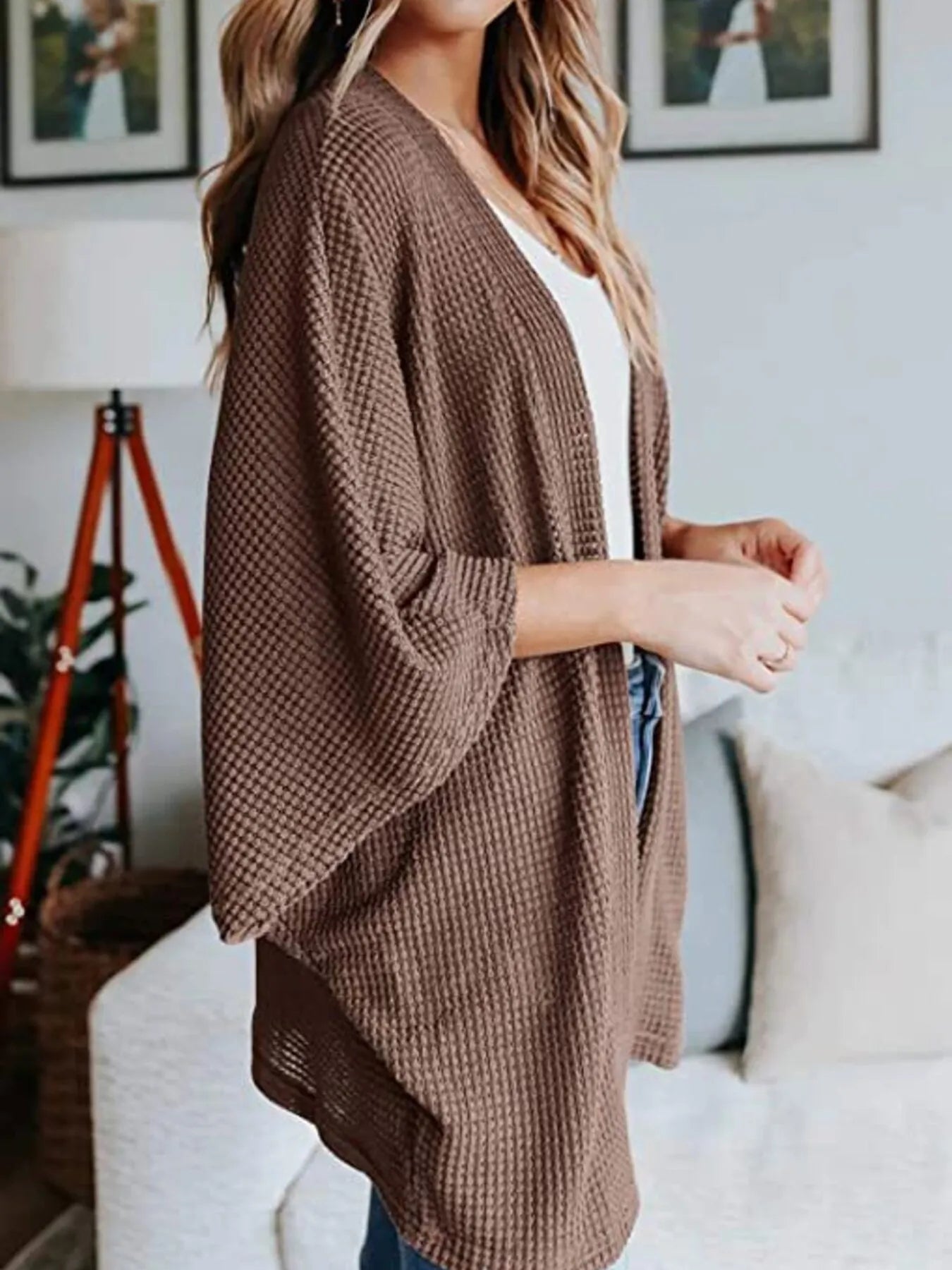 Taupe waffle knit open-front cardigan with draped plus-size fit and wide sleeves