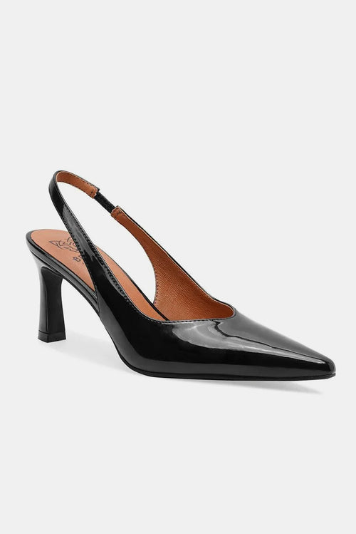 Black point-toe slingback pumps with brown interior lining and chunky heel