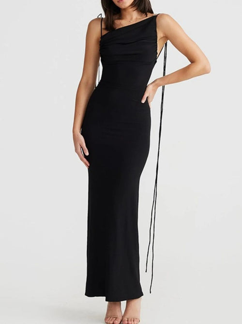 Backless slit maxi bodycon dress in black, one-shoulder neckline, tie-back straps