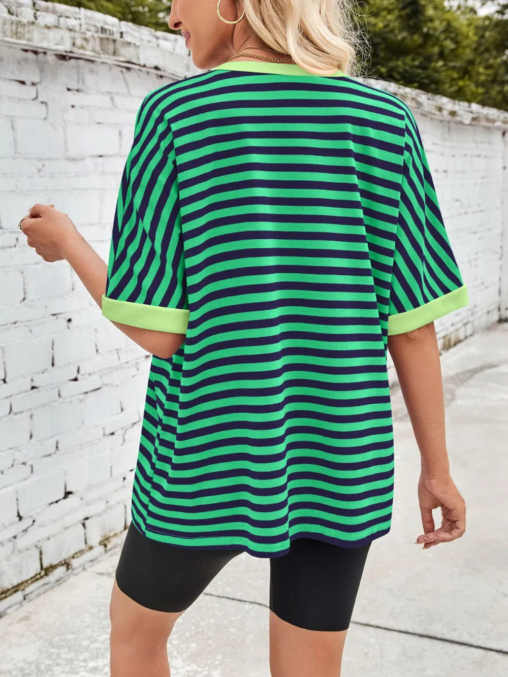 Green striped round-neck half-sleeve T-shirt, back view with lime sleeve cuffs
