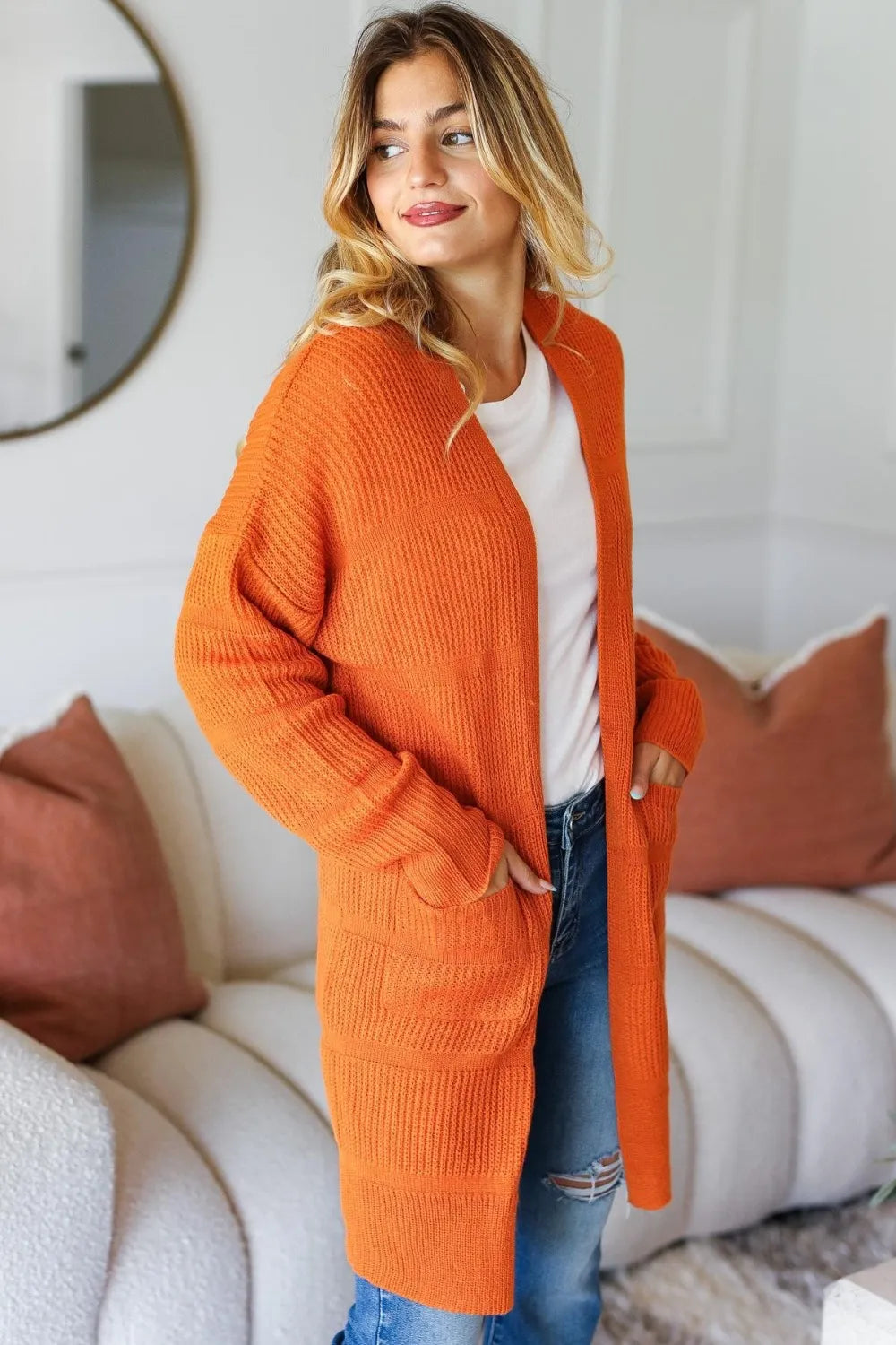 Haptics rust open-front cardigan with textured knit and side pockets