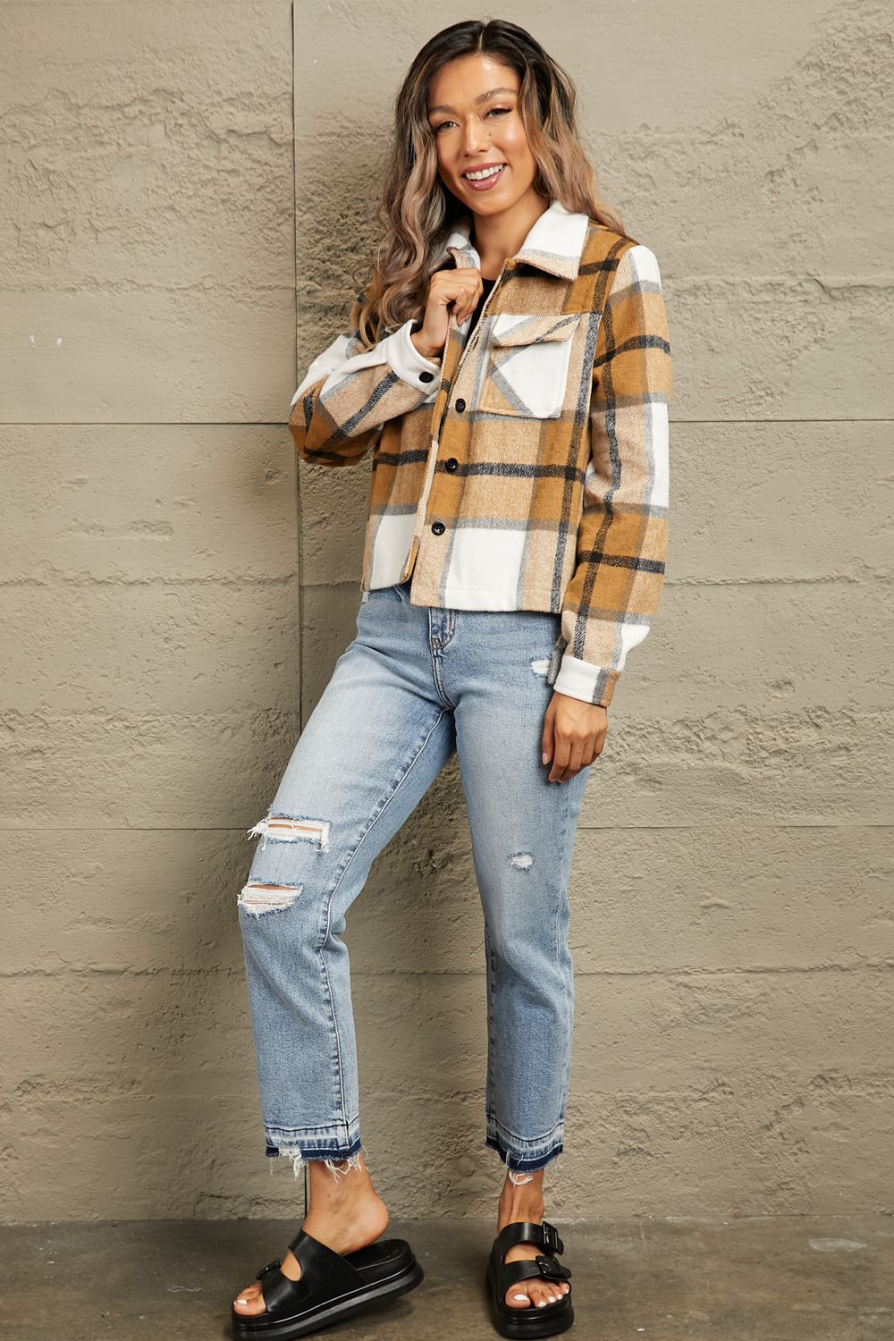 Camel plaid collared jacket with button front, fleece-trim collar, chest pockets