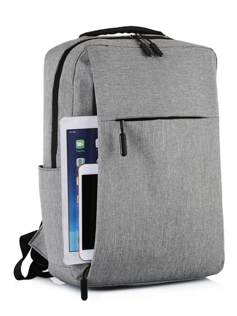 Light gray backpack with open main compartment holding a tablet and phone-like devices.