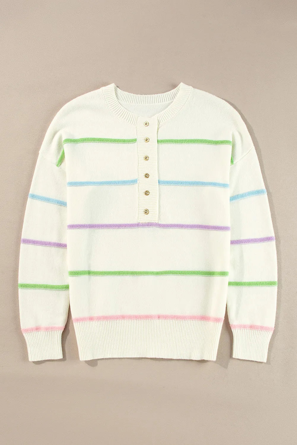 Ivory striped knit pullover sweater with half-button front and round neck, pastel green/blue/pink bands