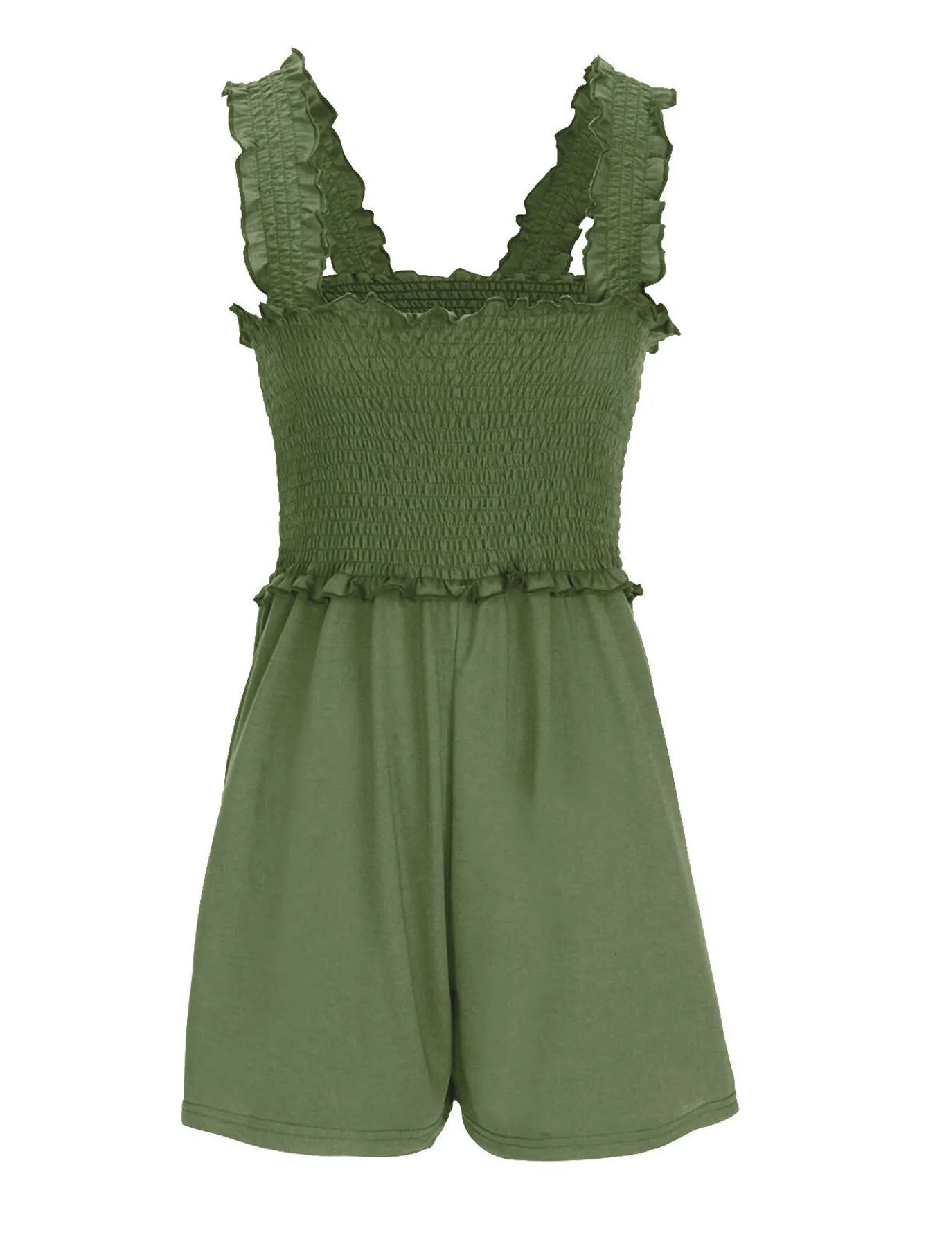 Emerald green smocked square-neck romper with ruffled straps and loose short legs