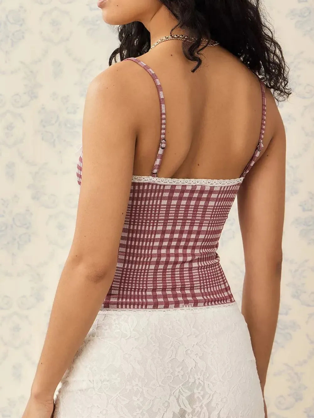 Back view of lace-trim plaid cami with spaghetti straps, mauve gingham