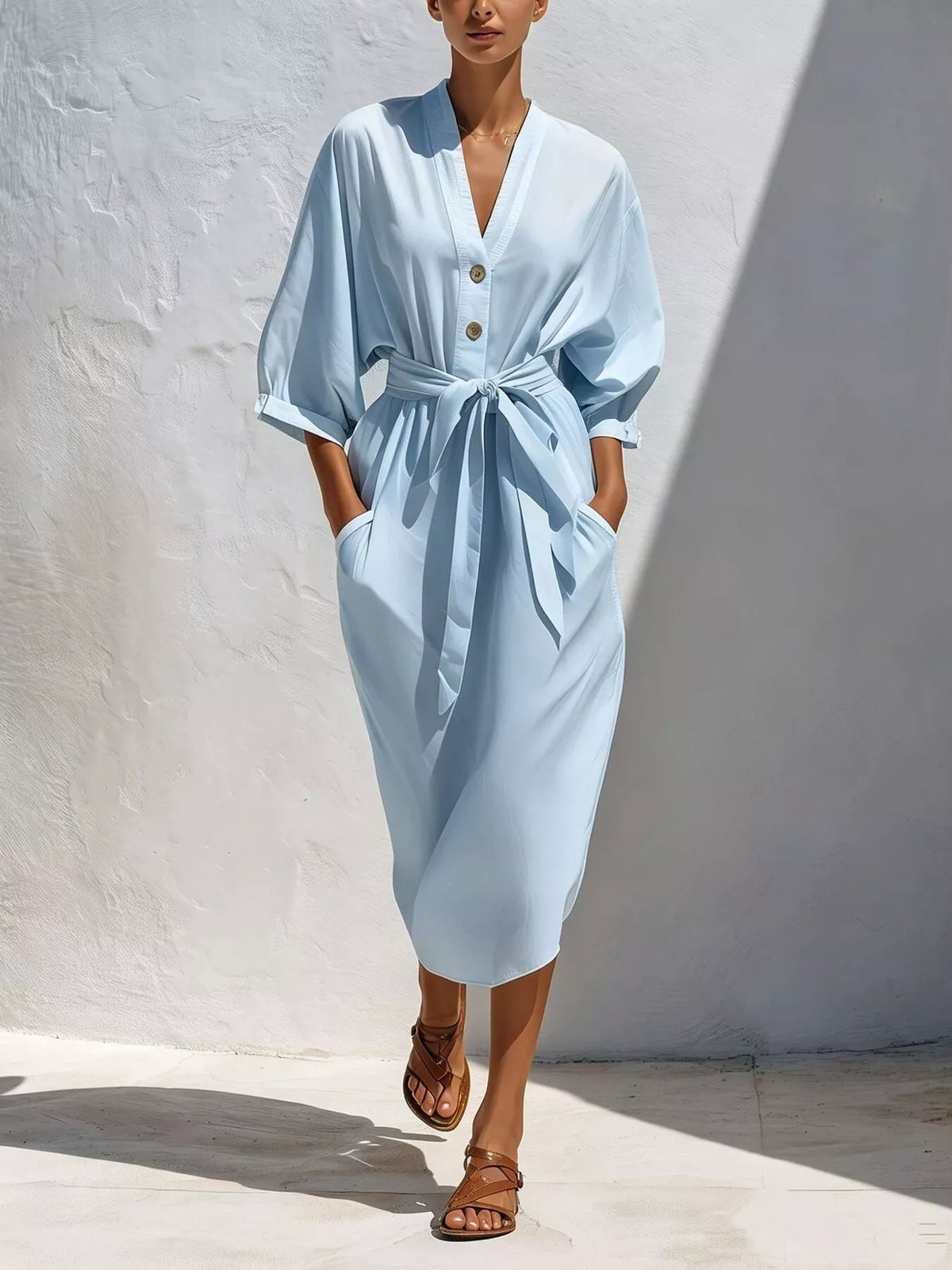Light blue tie-waist V-neck midi dress with pockets, button-front and waist tie