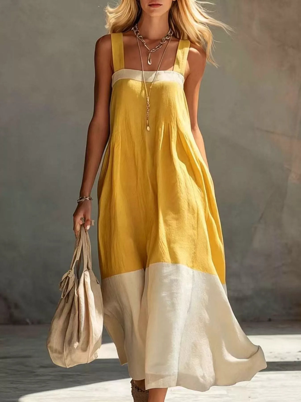 Color-block sleeveless linen midi dress with yellow and cream panels, flowy skirt
