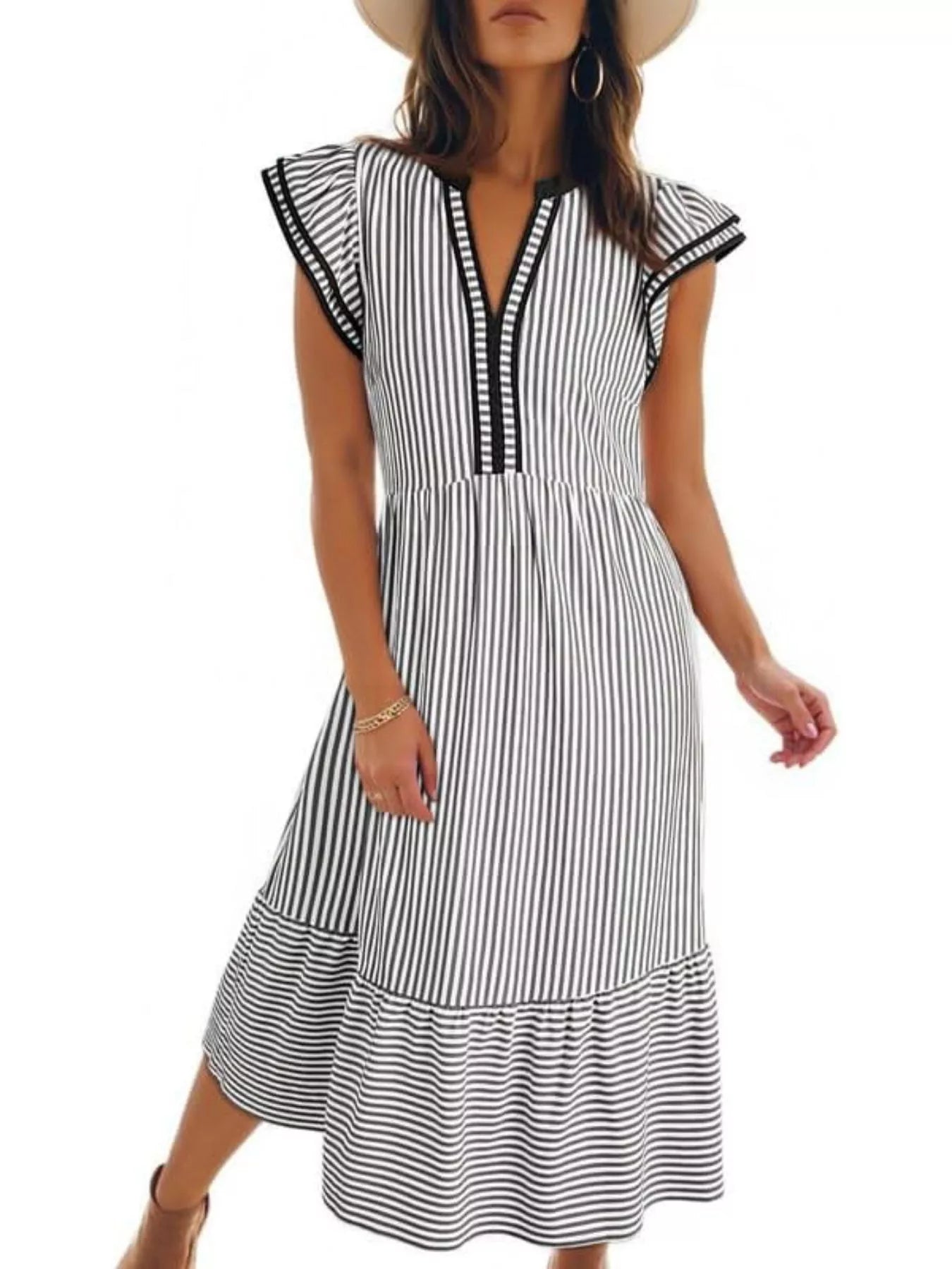 Black and white striped midi dress with ruffle cap sleeves and V-neck