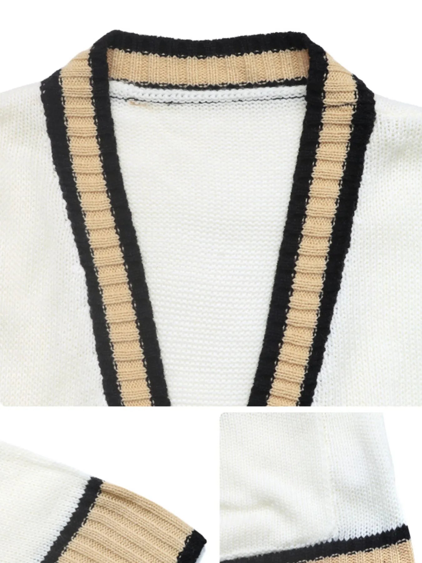 Cream knit cardigan neckline close-up with black and tan striped V trim