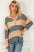 Striped button-front sweater with dropped shoulders, camel and dark gray, long sleeves