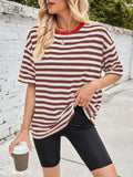 Brown and white striped round-neck short-sleeve T-shirt