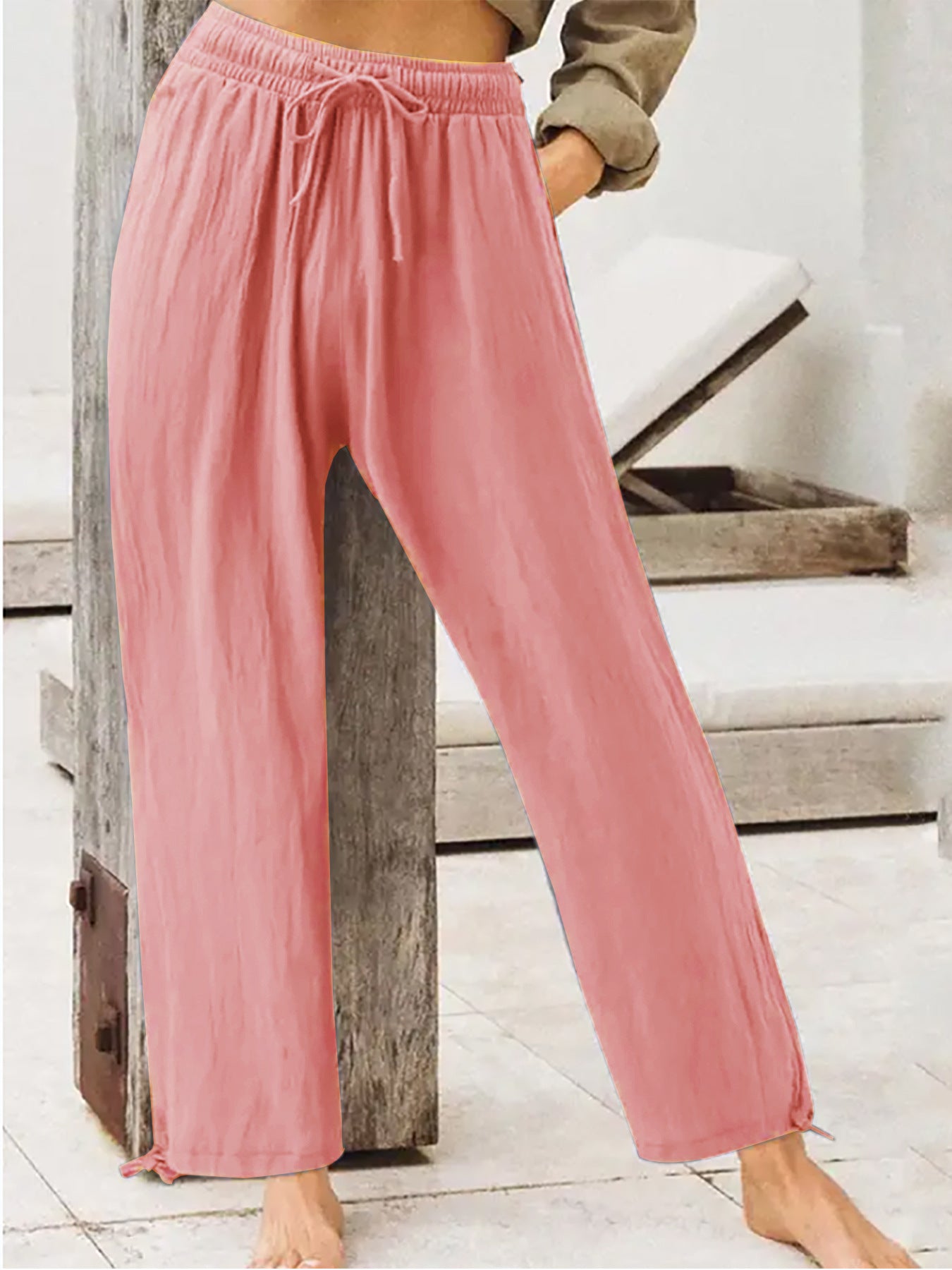 Wide-leg drawstring cotton-spandex pants with elastic waist, coral pink