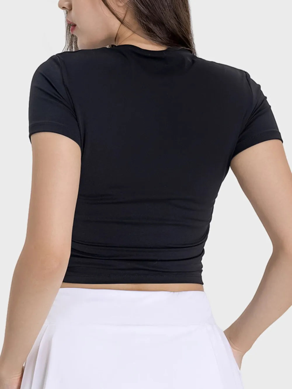 Black ruched active t-shirt, back view, short sleeves