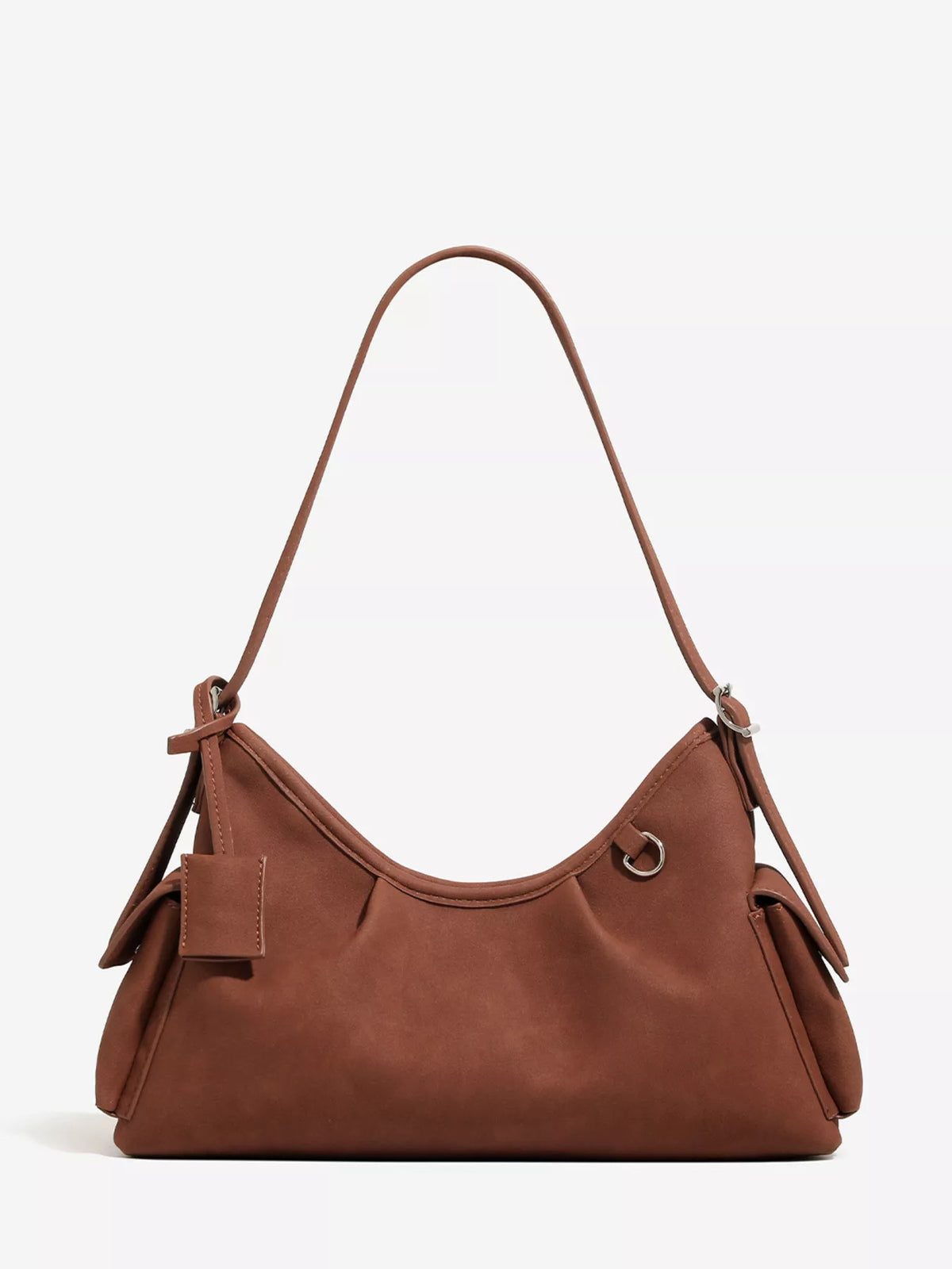 Brown suede hobo shoulder bag with ruched top, short handles, and side bow details