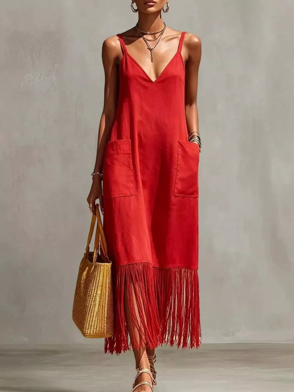 Red V-neck spaghetti strap dress with two front pockets and tassel fringe hem