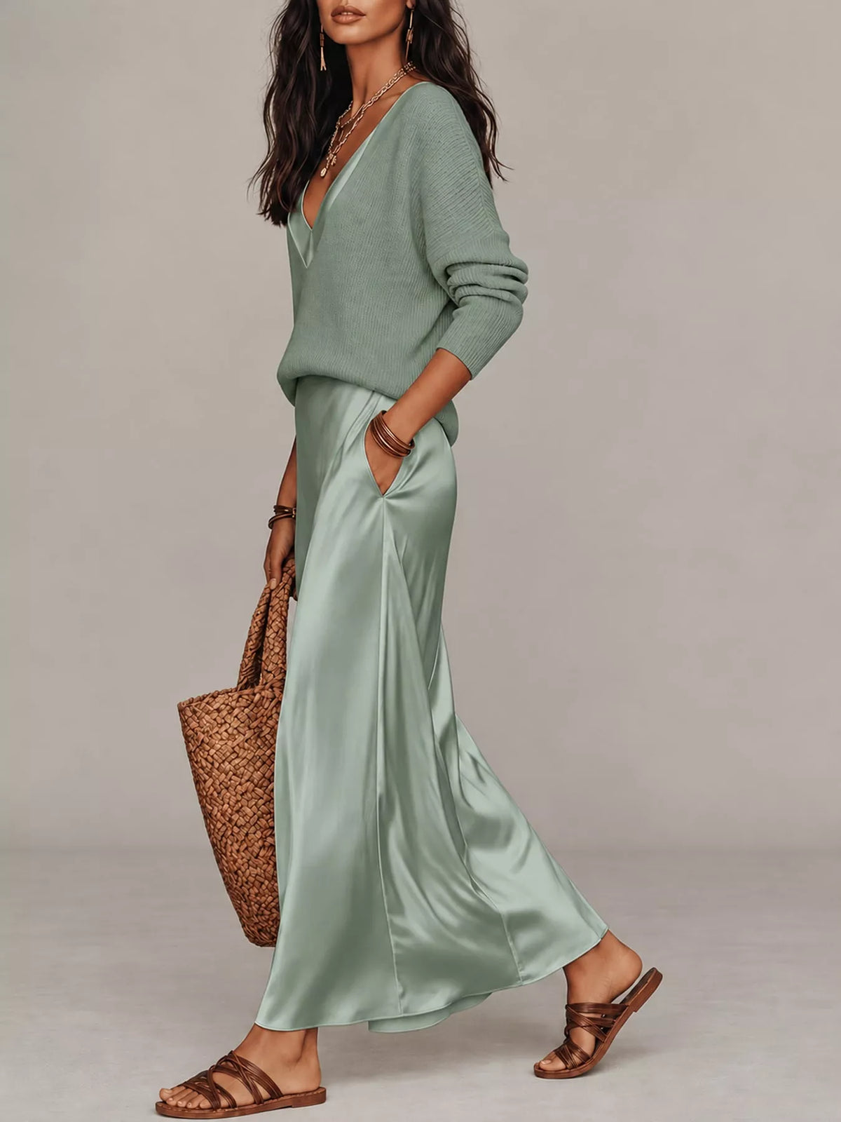 Sage green ribbed V-neck top and satin midi skirt two-piece set, three-quarter sleeves