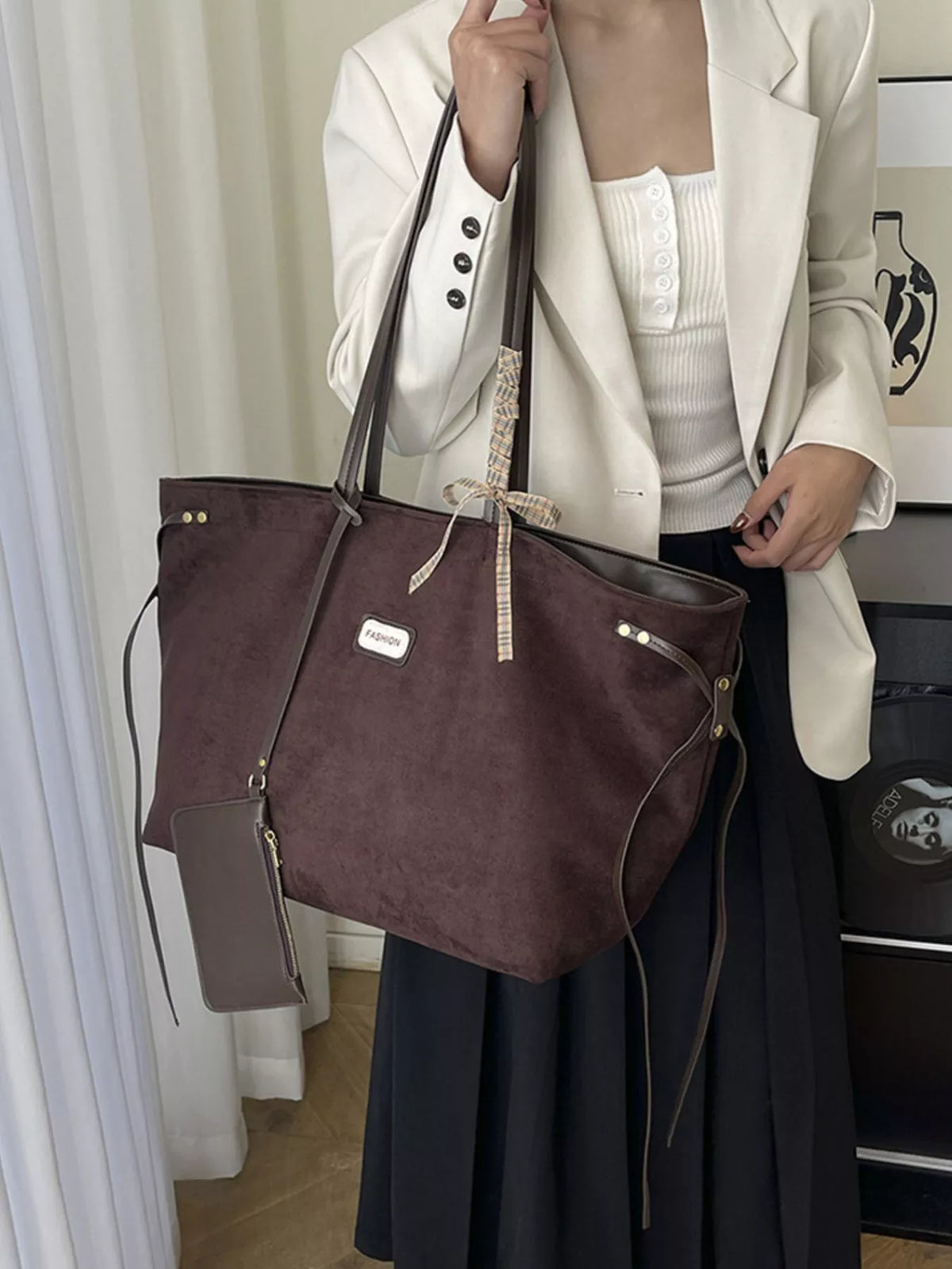 Chocolate suede large tote with zip top, inner strap, and matching mini crossbody pouch