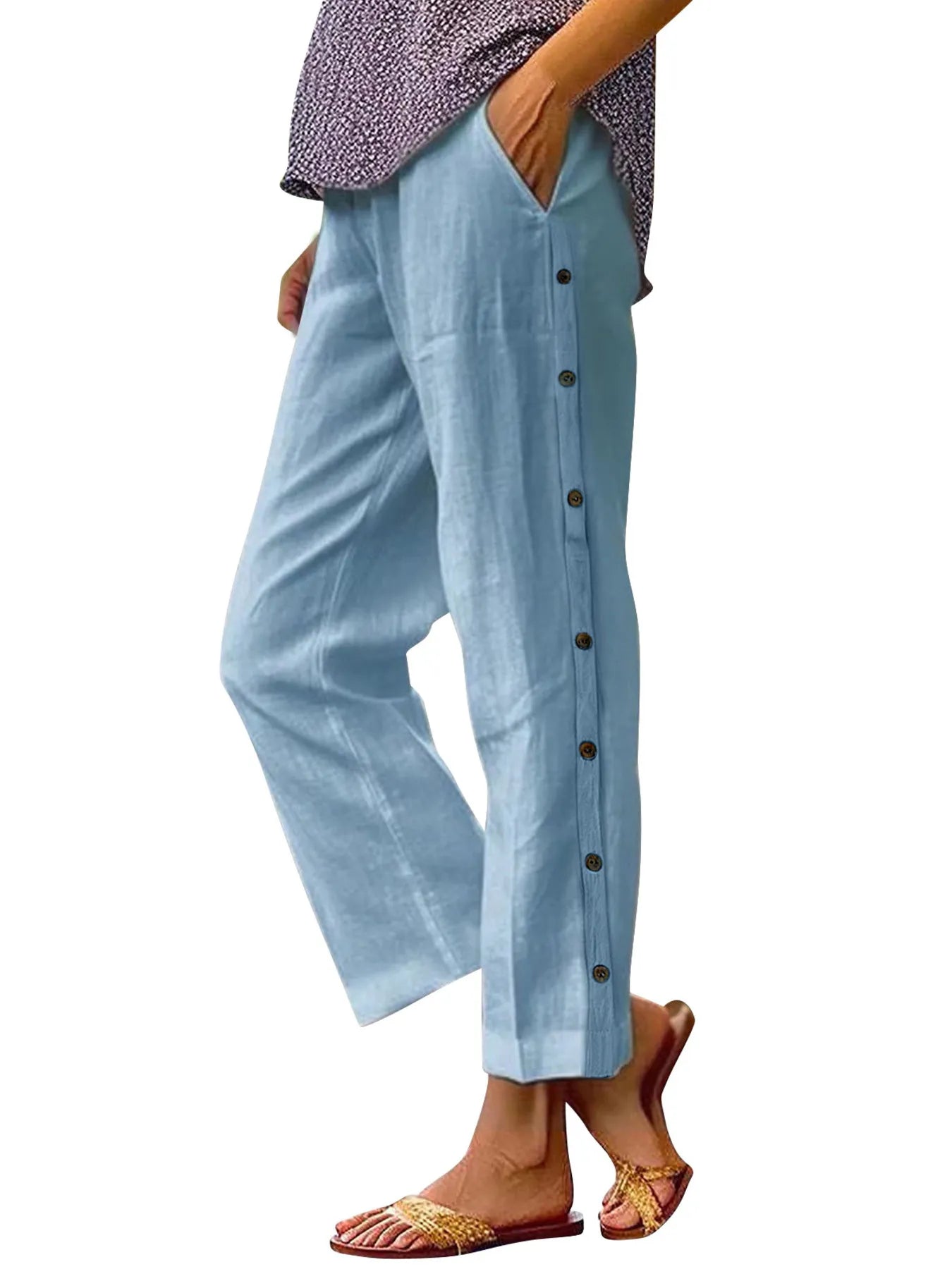 Sky blue wide-leg casual pants with side decorative buttons and elastic waist