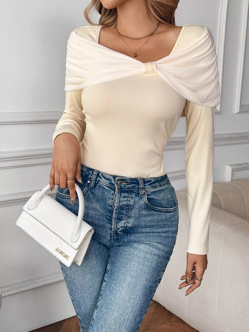 Apricot bow long-sleeve t-shirt with twisted neckline detail