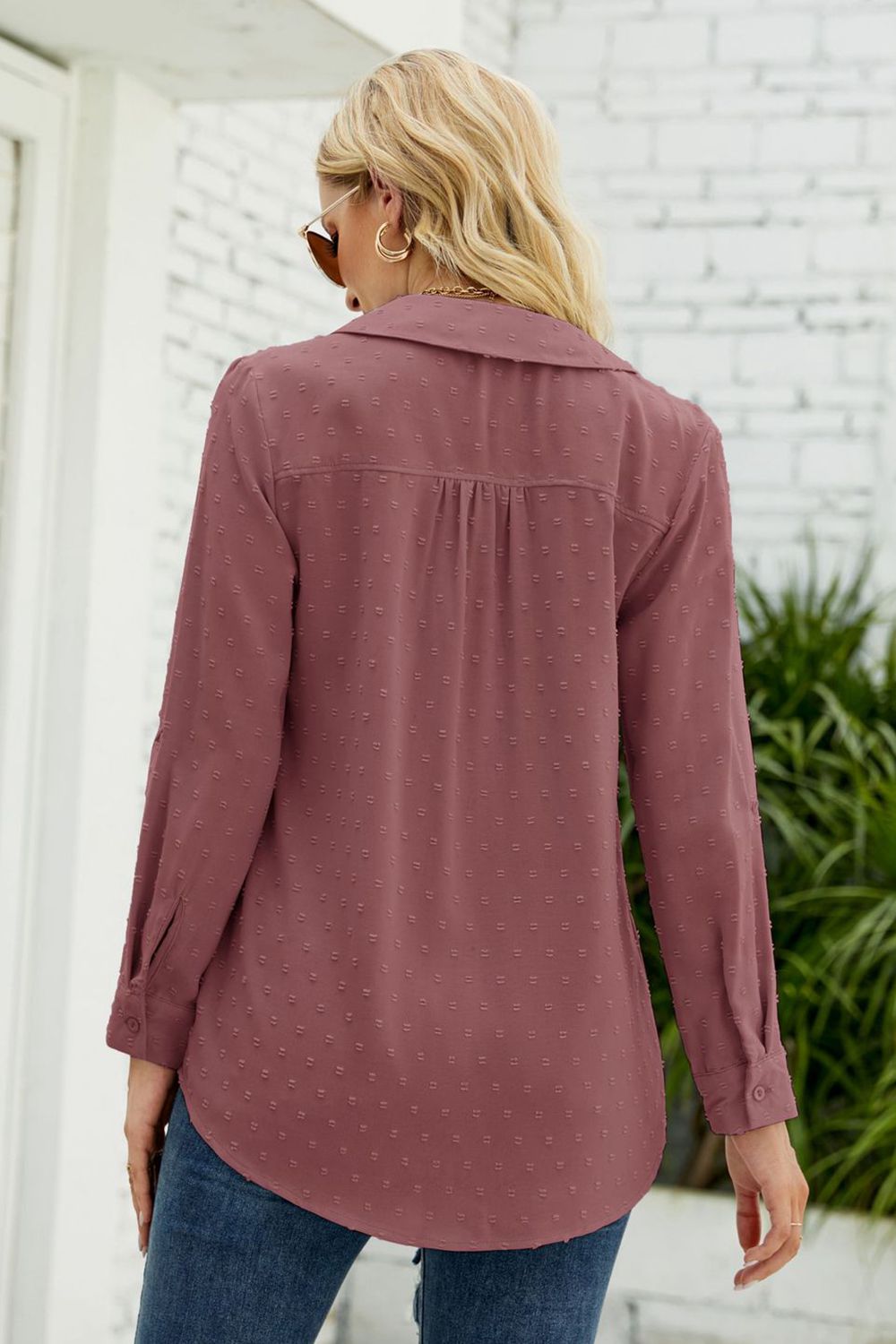 Dusty rose swiss dot blouse, back view, long sleeves and relaxed fit