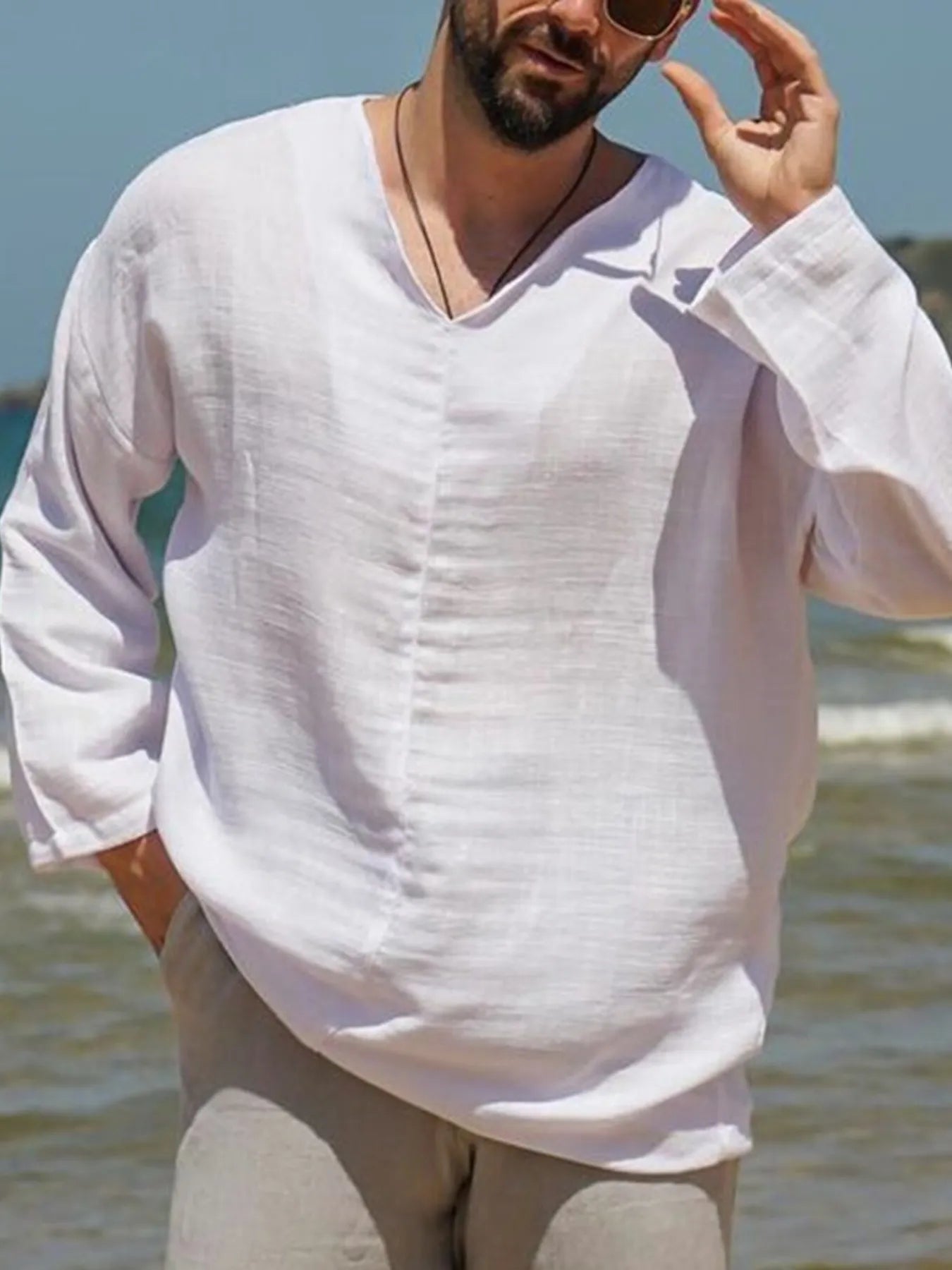 White V-neck long sleeve men’s plus-size top with subtle textured fabric