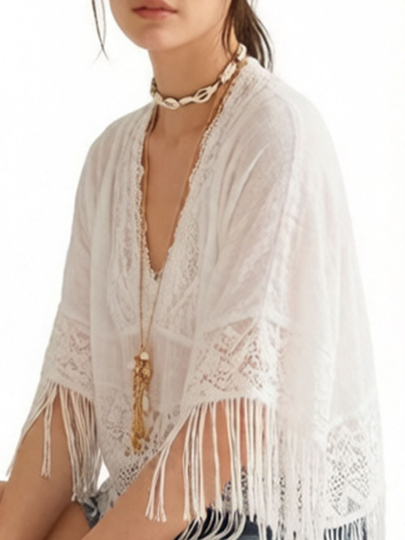 Cedar & Moore Lace Fringe Cover-Up, sheer white lace with fringe trim