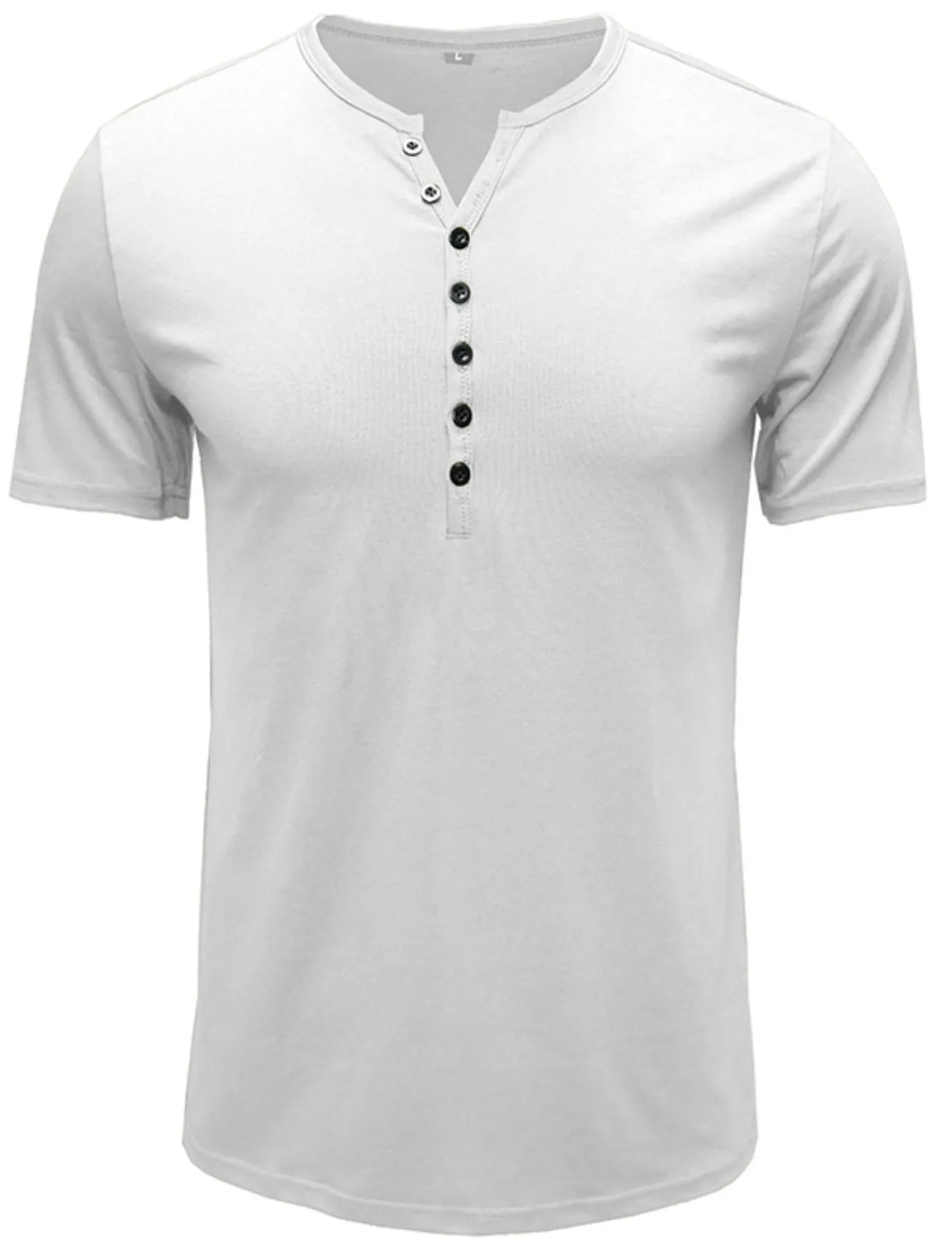 White henley short-sleeve polo shirt with V-neck and button placket at center