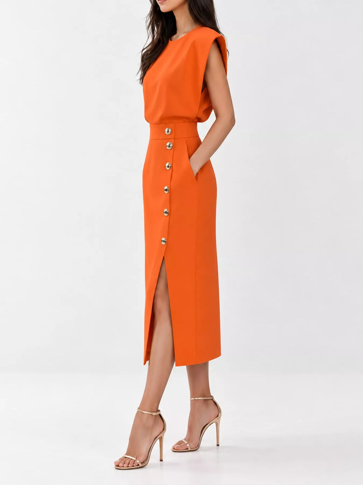 Orange sleeveless midi dress with gold button front and side slit