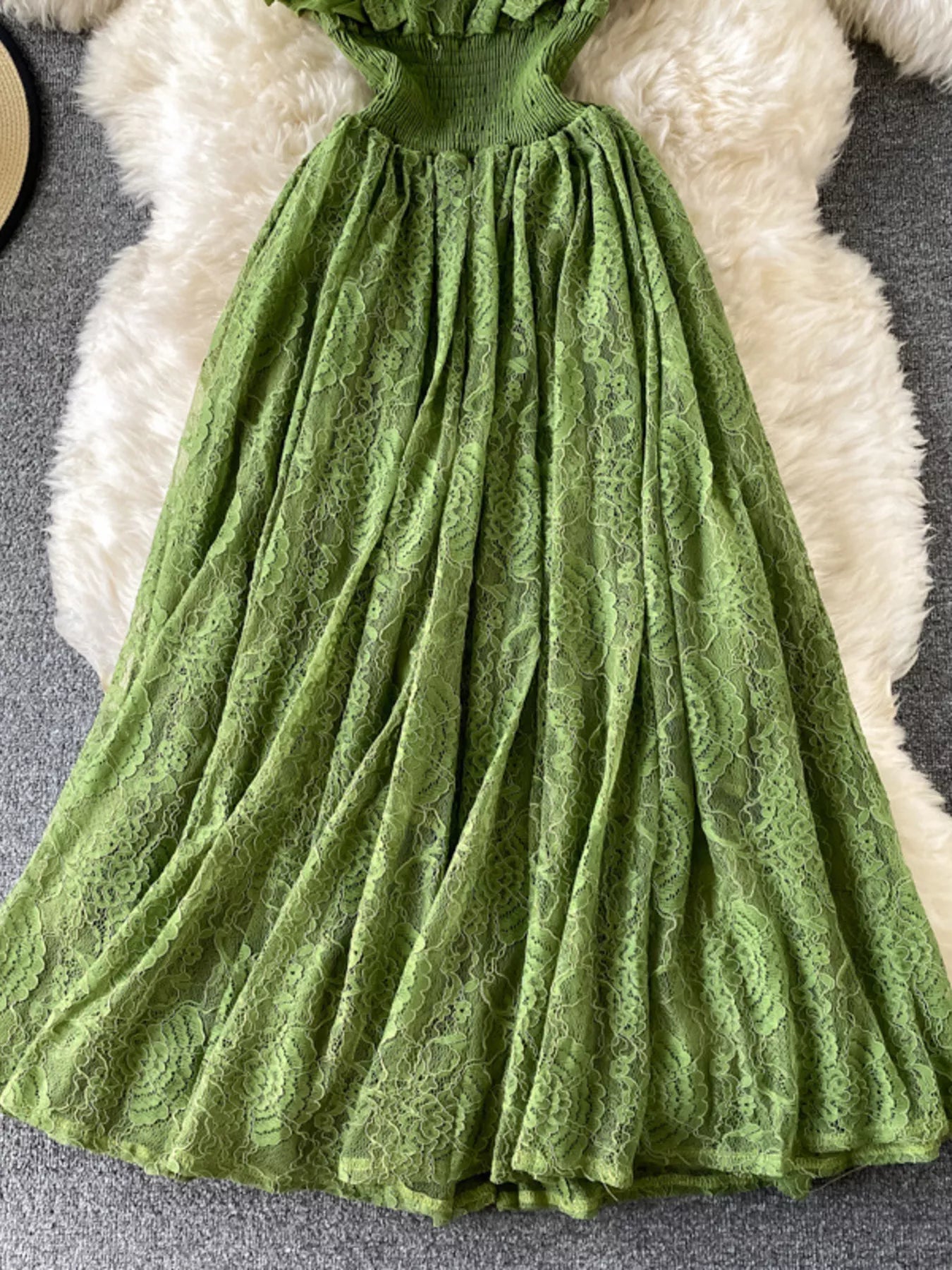 Cedar & Moore Ruffled Mock Neck Lace Maxi Dress, Trendsi green lace with pleated skirt