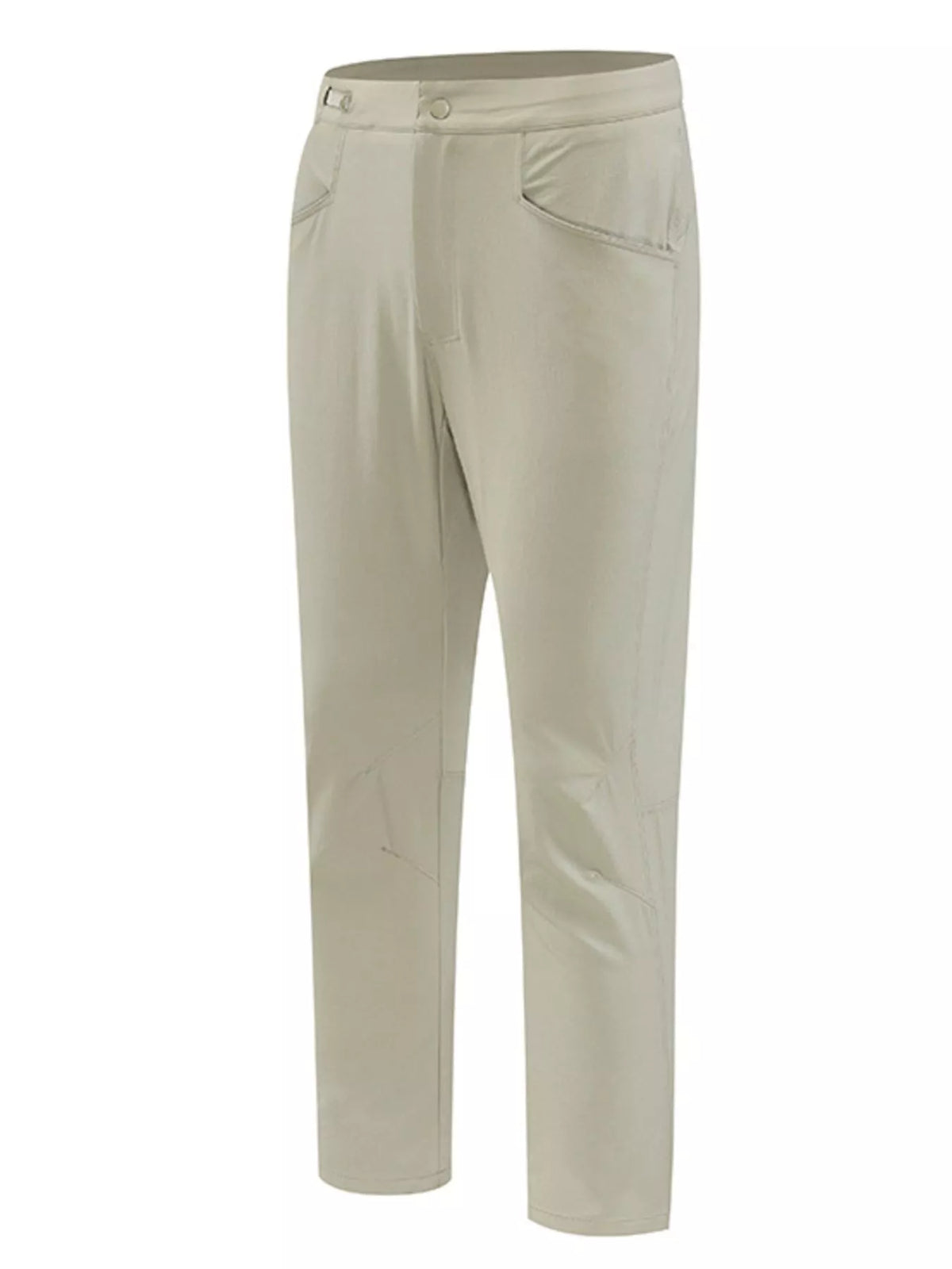 Men's slim fit stretch casual pants, light khaki, front view with button closure