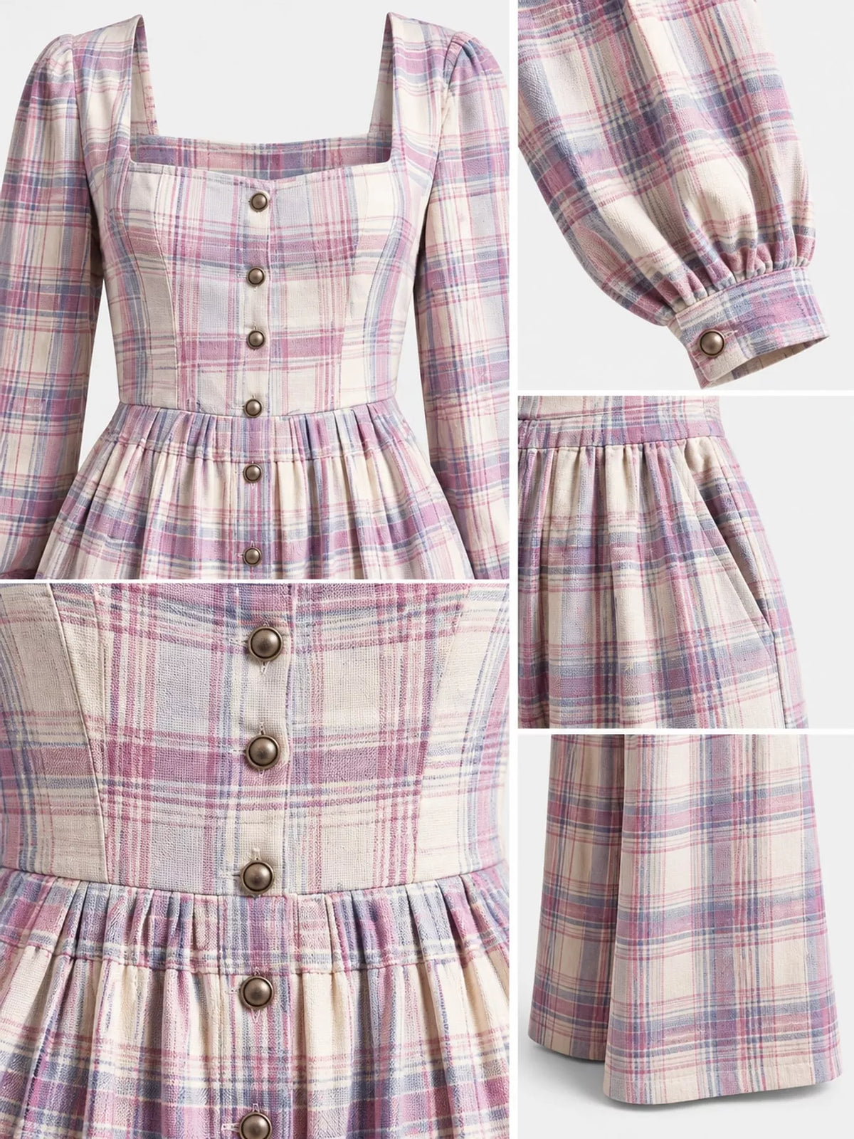 Plaid square-neck long-sleeve jumpsuit detail: button bodice and elastic waist