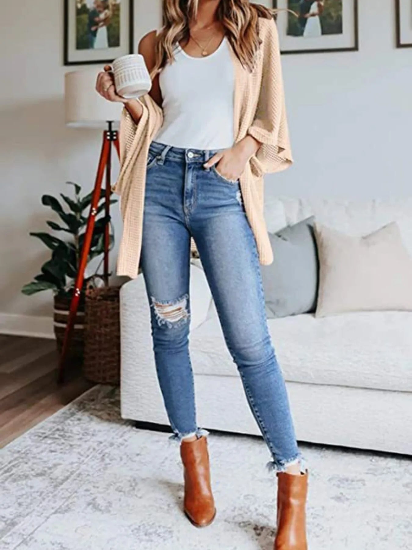 Plus size waffle knit open-front cardigan, light pink, open front layered look