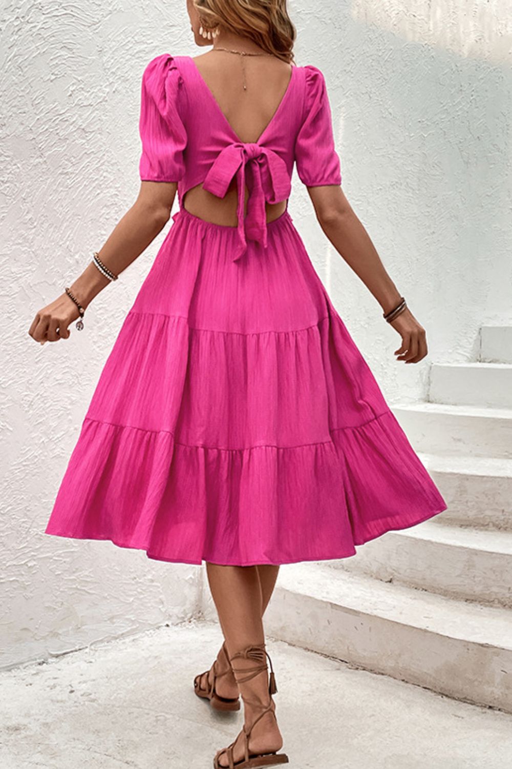 Hot pink square-neck puff sleeve tiered midi dress with back tie cutout