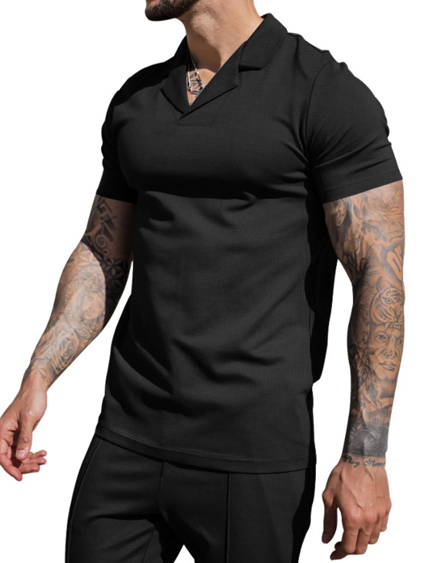 Men's plus size short-sleeve top and shorts set, black polo and matching shorts