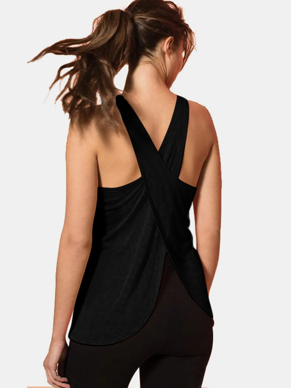 Black crisscross scoop neck active tank top with crossed back straps