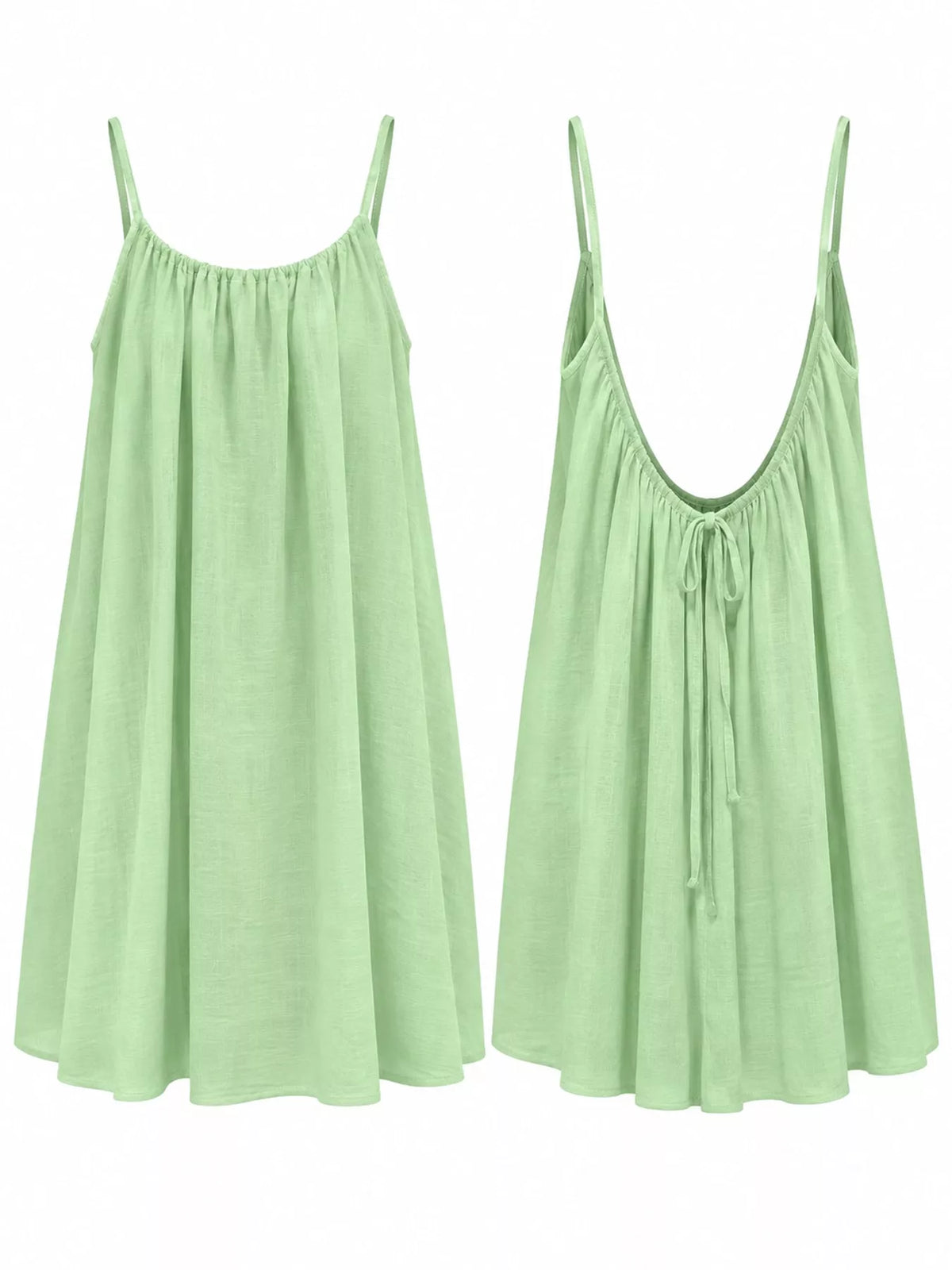 Mint green spaghetti-strap ruched mini dress shown front and back views