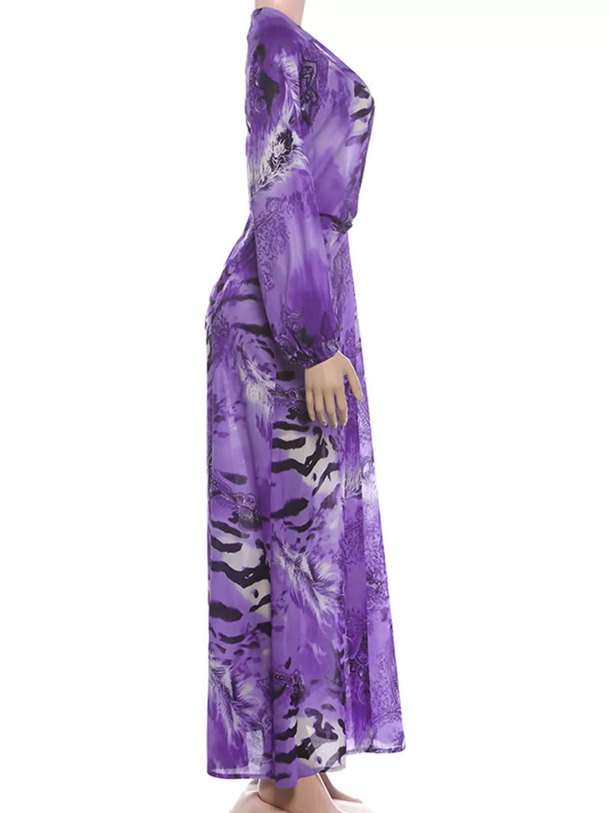 Purple printed maxi dress, long sleeves, side view with flowing silhouette