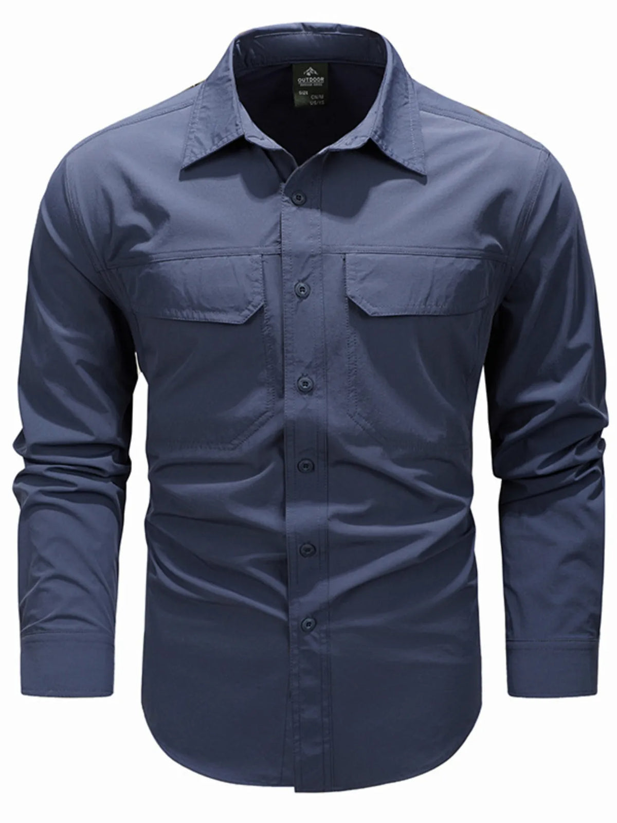 Men's lightweight cotton button-up shirt in French blue, long sleeves, button front.