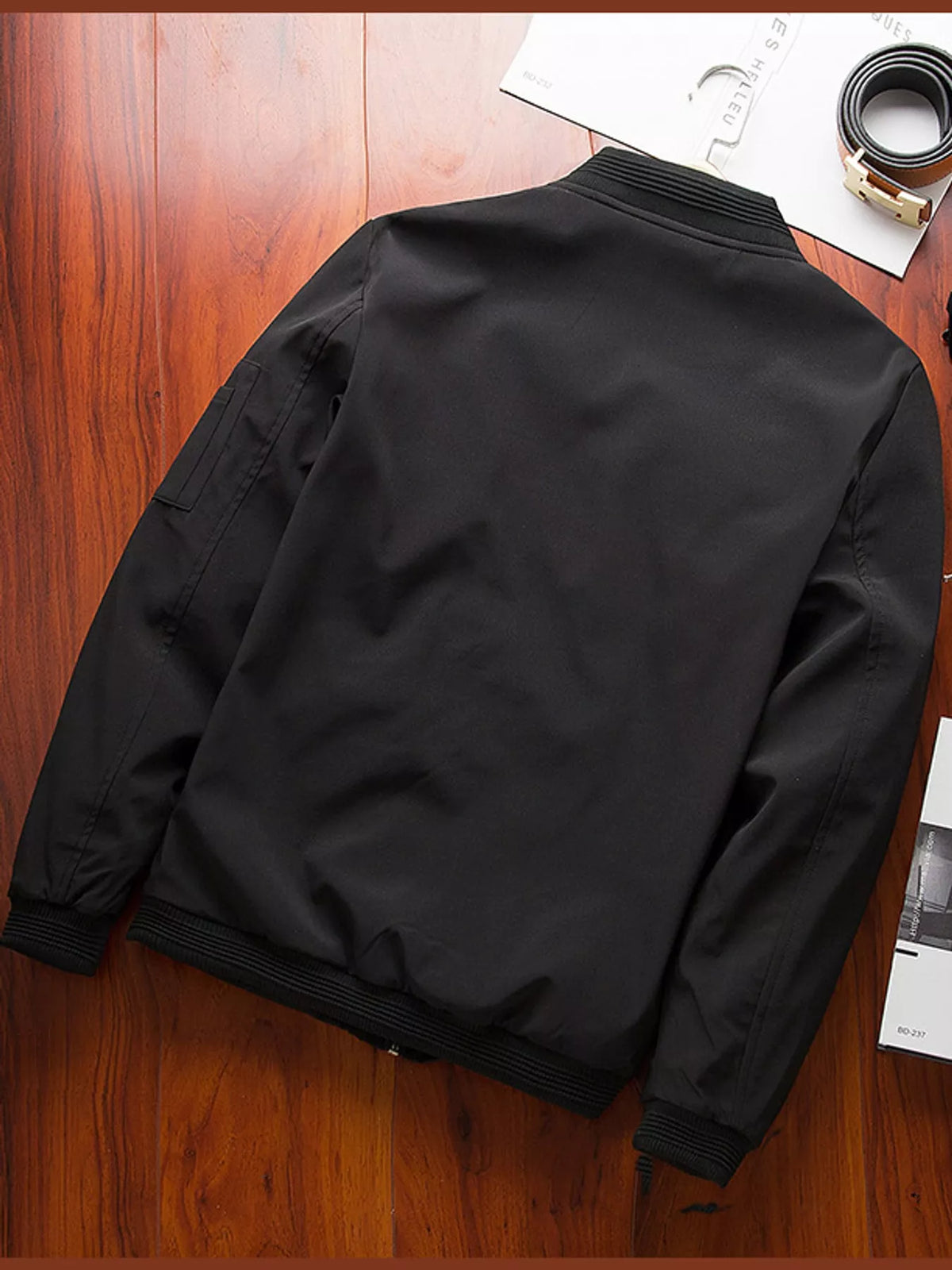 Men's lightweight black bomber jacket, stand collar with metal front zipper and ribbed cuffs