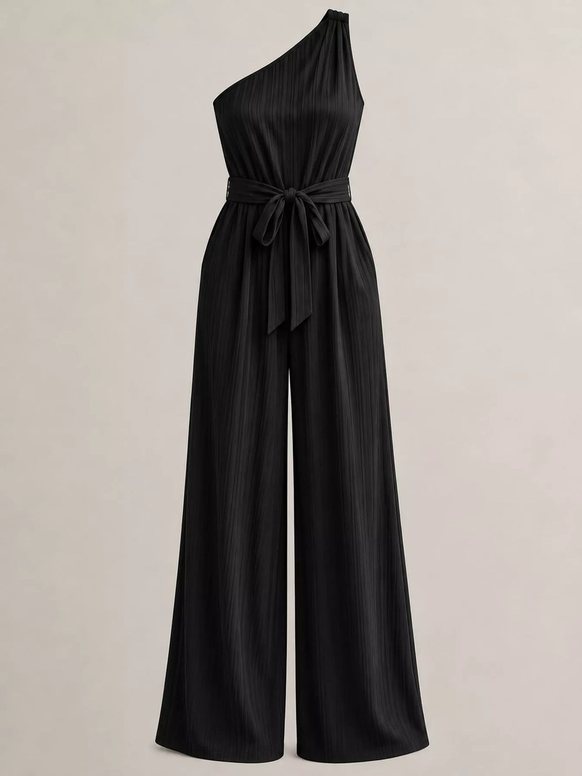 One-shoulder pleated wide-leg jumpsuit in black with self-tie waist and long wide legs