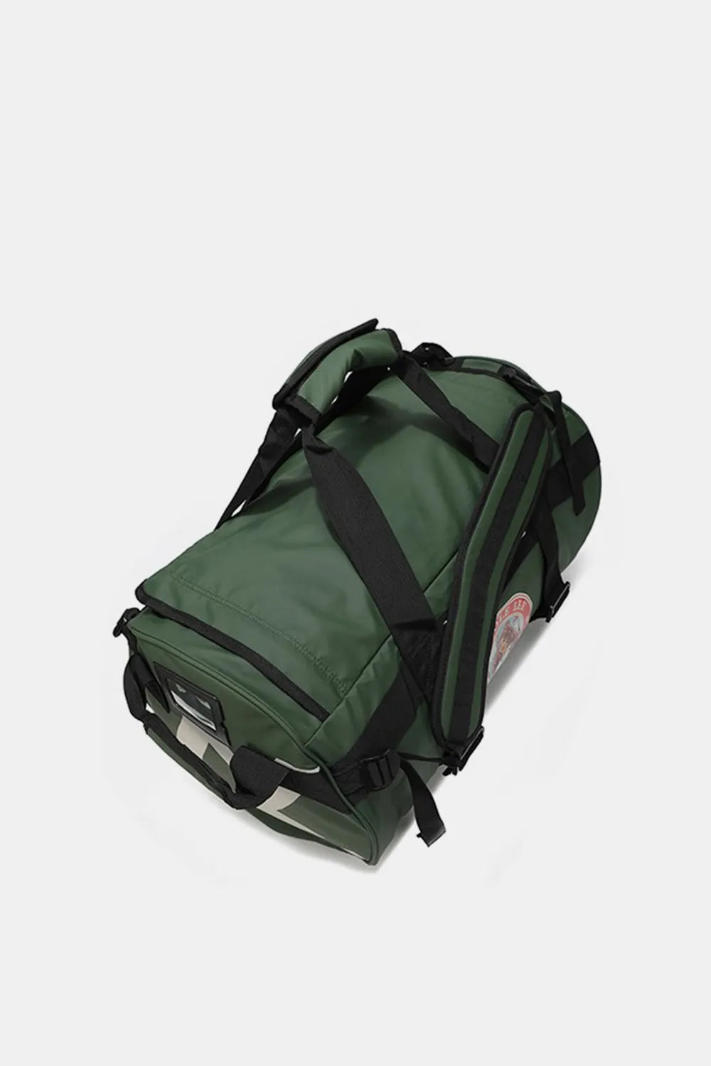 Green camo-effect duffel bag with dark shoulder strap and side pockets