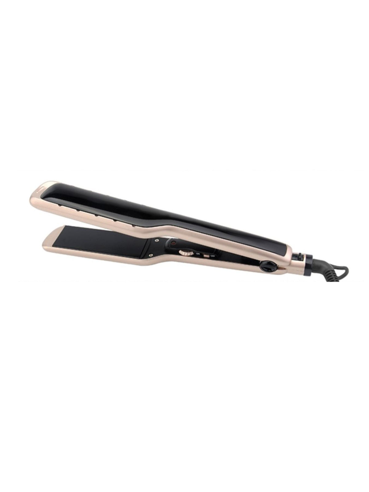 Gold hair straightener with black plates, side profile and corded power plug visible.