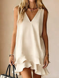 Ivory sleeveless V-neck mini dress with layered ruffle hem