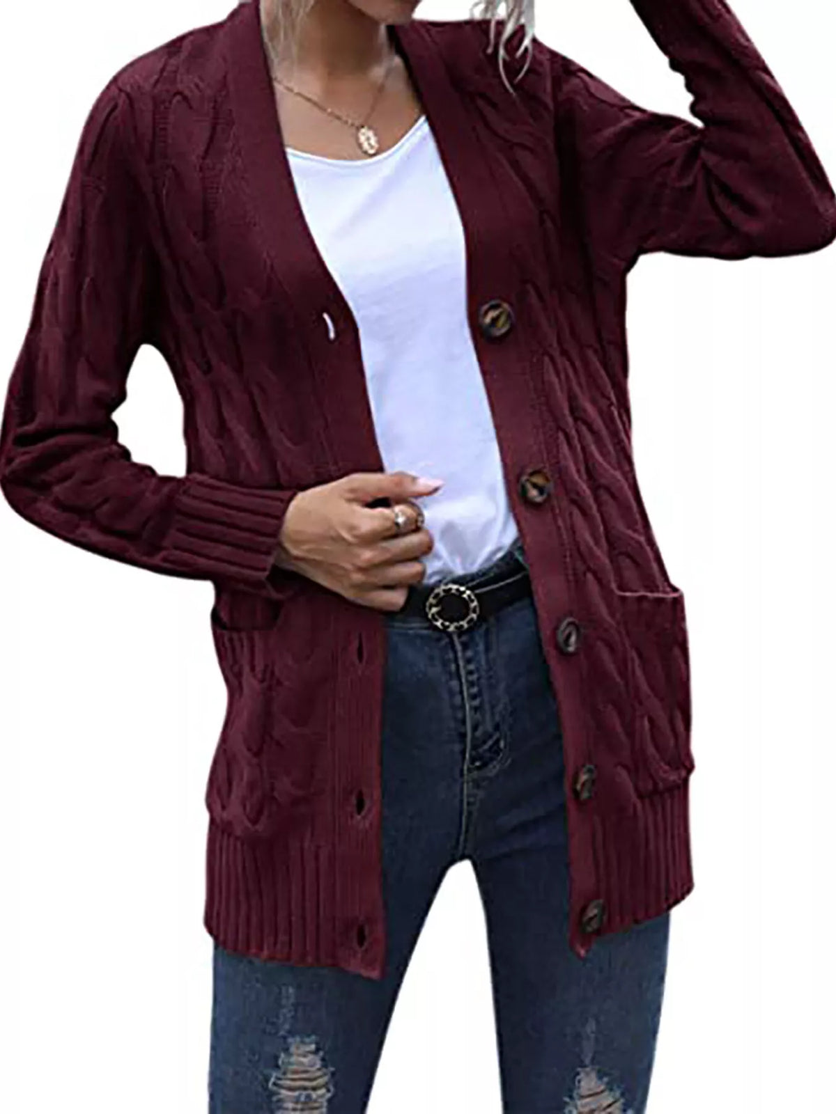 Dark red chunky cable-knit cardigan with button front and ribbed hem